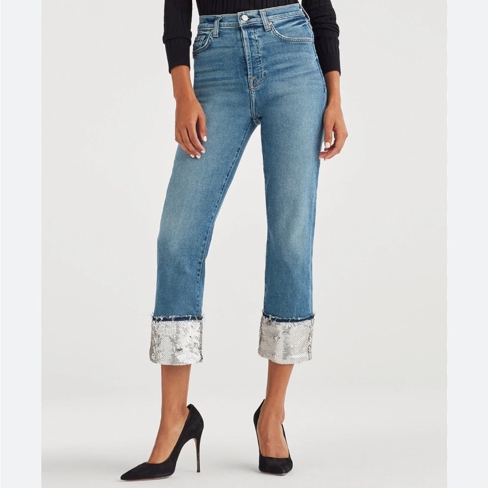 7 For All Mankind Sequin Crop Boyfriend Jeans Women’s 26 Mermaid Glam Elevated